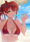  1girl bangs beach beach_umbrella bikini bikini_top blue_skirt breasts clouds commentary_request day food hair_between_eyes hair_ribbon halter_top halterneck heterochromia highres holding holding_food hololive houshou_marine long_hair looking_at_viewer makimaki_makky7 medium_breasts outdoors popsicle red_bikini red_eyes redhead ribbon shade skirt solo strap_gap swimsuit tongue twintails umbrella upper_body virtual_youtuber yellow_eyes 