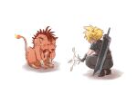  2boys animal_ears armor baggy_pants belt black_footwear blonde_hair boots buster_sword cloud_strife facial_mark final_fantasy final_fantasy_vii final_fantasy_vii_remake flame-tipped_tail full_body gamesuzume holding holding_plant looking_at_another male_focus multiple_belts multiple_boys orange_fur outstretched_hand pants plant red_xiii redhead scar scar_across_eye short_hair shoulder_armor sitting sleeveless sleeveless_turtleneck spiky_hair squatting turtleneck weapon weapon_on_back white_background 
