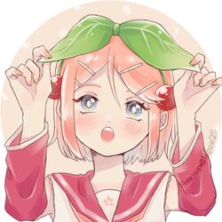  1girl bangs blue_eyes blush bow cherry_blossom_print cherry_hair_ornament collar detached_sleeves floral_print food_themed_hair_ornament green_bow hair_bow hair_ornament hairclip hands_up holding kagamine_rin leaf_hair_ornament lowres nail_polish open_mouth pink_collar pink_hair pink_nails pink_sleeves raputsue sailor_collar sakura_rin shirt solo swept_bangs upper_body vocaloid white_shirt 