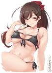  1girl ahoge bikini black_bikini blush breasts brown_eyes brown_hair collarbone ebifurya eyebrows_visible_through_hair front-tie_bikini front-tie_top groin hair_ribbon highres kantai_collection large_breasts long_hair mamiya_(kantai_collection) multi-strapped_bikini navel red_ribbon revision ribbon side-tie_bikini simple_background solo swimsuit twitter_username white_background 