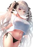  1girl alternate_costume azur_lane bikini bikini_under_clothes black_bikini blush breasts closed_mouth formidable_(azur_lane) highres large_breasts long_hair looking_at_viewer navel red_eyes shirt silver_hair simple_background solo swimsuit two-tone_ribbon very_long_hair white_background white_shirt yk_(pixiv43531291) 