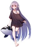  1girl absurdres arknights bare_legs bare_shoulders barefoot black_coat coat feet highres holding_toy long_hair looking_at_viewer orca red_eyes shy silver_hair simple_background skadi_(arknights) standing sweater tachi-e ten_no_hoshi toy whale white_background 