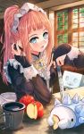  1girl apple apron blue_eyes elbow_gloves felicia_(fire_emblem) fire_emblem fire_emblem_fates food fruit fuussu_(21-kazin) gloves highres holding holding_knife indoors knife looking_at_viewer maid maid_apron maid_headdress pink_hair ponytail smile solo 