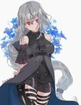 1girl :/ amuri arknights armlet arms_behind_back artist_name bangs bare_shoulders big_hair black_ribbon black_shirt commentary_request cowboy_shot dress ears flower flower_request grey_dress grey_hair grey_shorts hair_between_eyes hair_over_shoulder hair_tie head_tilt high_belt layered_dress legs_together long_dress long_hair neck_ribbon no_nose open_clothes open_dress red_eyes ribbon shiny shiny_hair shirt short_shorts shorts sidelocks simple_background skadi_(arknights) sleeveless solo standing stitches striped striped_ribbon striped_shorts thigh_strap thighs two-tone_dress very_long_hair wavy_hair white_background