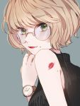  blonde_hair bob_cut eyebrows_visible_through_hair from_side glasses green_hair highres hiiro lipstick_mark looking_at_viewer mole mole_under_mouth original red_lips short_hair sleeveless sleeveless_turtleneck turtleneck watch 