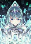  1girl aqua_eyes aqua_hair breasts from_above hands_together headband highres horns natsukawamikan pneuma_(xenoblade) ponytail single_horn tied_hair xenoblade_(series) xenoblade_2 