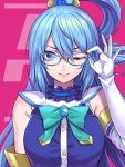  1girl ;) adjusting_eyewear aqua_(konosuba) aqua_bow aqua_neckwear bangs bare_shoulders bespectacled blue-framed_eyewear blue_dress blue_eyes blue_hair bow bowtie breasts brooch commentary_request dress elbow_gloves glasses gloves hair_between_eyes hand_up jewelry kono_subarashii_sekai_ni_shukufuku_wo! long_hair looking_at_viewer medium_breasts one_eye_closed pink_background re_(re_09) smile solo upper_body white_gloves 