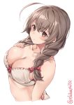  1girl ahoge blush bra braid breasts brown_eyes brown_hair collarbone cropped_torso ebifurya eyebrows_visible_through_hair hair_between_eyes highres kantai_collection large_breasts long_hair shinshuu_maru_(kantai_collection) simple_background solo twin_braids twitter_username underwear white_background white_bra 