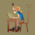  1girl blonde_hair blue_eyes blue_shirt brown_background brown_footwear brown_shorts computer laptop low_ponytail original ponytail profile shirt shorts signature simple_background sitting t-shirt table typing yamamoto_yuu 