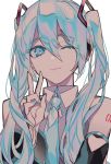  blue_eyes blue_hair blue_nails blue_neckwear eyebrows_visible_through_hair hatsune_miku light_smile long_hair looking_at_viewer looking_down necktie one_eye_closed puchipuchi twintails v vocaloid 