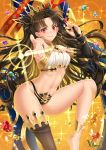  1girl armlet asymmetrical_legwear asymmetrical_sleeves bangs blush breasts brown_hair closed_mouth crown earrings fate/grand_order fate_(series) gem gold_trim heavenly_boat_maanna highres hoop_earrings ishtar_(fate)_(all) ishtar_(fate/grand_order) jewelry large_breasts long_hair looking_at_viewer navel neck_ring parted_bangs pointing pointing_at_viewer red_eyes single_sleeve single_thighhigh smile sparkle thigh-highs tiara two_side_up villyane weapon yellow_background 