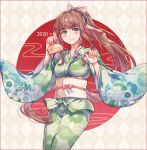  1girl 2020 aicedrop alternate_costume alternate_hair_ornament argyle argyle_background blush brown_hair commentary cowboy_shot doki_doki_literature_club ema eyebrows_visible_through_hair floral_print green_eyes green_kimono hair_ornament japanese_clothes kimono long_hair looking_at_viewer monika_(doki_doki_literature_club) obi ponytail print_kimono sash smile solo very_long_hair wide_sleeves 