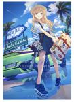  1girl artist_name assault_rifle aston_martin_dbs bangs blonde_hair english_text floating_hair french_text gun koh_(minagi_kou) license_plate long_hair navy_blue_skirt original palm_tree platform_footwear platform_heels reflection rifle sign smile solo suitcase tree watch weapon 