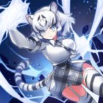  1girl animal_ear_fluff animal_ears baniran_dorosu black_hair blue_eyes breasts commentary commentary_request elbow_gloves extra_ears garter_straps gloves highres kemono_friends kemono_friends_3 large_breasts looking_at_viewer necktie solo tail tiger_ears tiger_girl tiger_tail white_gloves white_hair white_tiger_(kemono_friends) white_tiger_print 