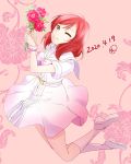  1girl 2020 bangs belt bouquet closed_mouth dated dress flower from_side full_body hair_between_eyes highres holding holding_bouquet kneehighs long_hair love_live! love_live!_school_idol_project nishikino_maki pink_eyes red_flower red_footwear redhead sailor_collar shiny shiny_hair short_dress smile solo sundress swept_bangs urutsu_sahari white_belt white_dress white_legwear white_sailor_collar 