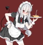  1girl absurdres alternate_costume apron black_tail blush breasts commentary_request demon_girl demon_horns demon_tail dress enmaided eyebrows_visible_through_hair food fork frilled_apron frills helltaker highres holding holding_tray horns korean_commentary leewh1515 long_hair looking_at_viewer lucifer_(helltaker) maid maid_apron maid_dress maid_headdress mole mole_under_eye pancake puffy_sleeves silver_hair simple_background smile solo tail thigh-highs tray waist_apron white_apron white_horns wrist_cuffs 