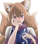  animal_ear_fluff animal_ears blonde_hair blue_eyes blush eyebrows_visible_through_hair fang fox_ears fox_tail hair_between_eyes hand_on_own_chest hand_on_own_face looking_at_viewer multiple_tails nail_polish no_hat no_headwear nose_blush saliva smile sunaguma tail touhou white_background yakumo_ran 