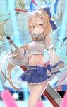  1girl :o ayanami_(azur_lane) ayanami_(troubled_star_idol)_(azur_lane) azur_lane bangs bare_shoulders blonde_hair blue_bow blue_skirt bow breasts commentary crop_top detached_sleeves double-breasted frilled_sleeves frills hair_between_eyes hair_bow headgear highres holding holding_sword holding_weapon long_hair long_ponytail long_sleeves looking_at_viewer medium_breasts micchamu miniskirt navel neck_ribbon pleated_skirt ponytail ribbon sidelocks skirt sleeves_past_wrists solo standing stomach sword thigh-highs very_long_hair weapon white_legwear wide_sleeves yellow_eyes yellow_ribbon 