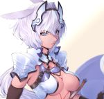  1girl absurdres animal_ears armor bikini_armor black_gloves blue_eyes body_markings breasts caenis_(fate) dark_skin elbow_gloves eyebrows_visible_through_hair fate/grand_order fate_(series) frown gloves hair_intakes headgear highres long_hair looking_at_viewer medium_breasts parted_lips re_(scd6) shoulder_armor shoulder_plates skindentation solo tattoo v-shaped_eyebrows white_hair 