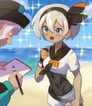  1boy 1girl :d bangs black_hairband blue_eyes blush bodysuit bodysuit_under_clothes bow clenched_hands clouds collared_shirt commentary_request day dynamax_band eyelashes gloves grey_hair gym_leader hair_between_eyes hairband hat highres holding katwo_1 looking_at_another mustard_(pokemon) old_man open_mouth outdoors paintbrush partly_fingerless_gloves pokemon pokemon_(game) pokemon_swsh print_shirt print_shorts saitou_(pokemon) sand shirt shore short_hair short_sleeves shorts single_glove sky smile sparkle standing tied_shirt water wristband 