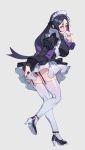  1girl alternate_costume ass bangs black_dress black_panties blush bow breasts dress enmaided fate/grand_order fate_(series) garter_straps high_heels highres large_breasts long_hair long_sleeves looking_at_viewer looking_back low-tied_long_hair maid maid_headdress minamoto_no_raikou_(fate/grand_order) olys open_mouth panties pantyshot parted_bangs puffy_long_sleeves puffy_sleeves purple_bow purple_hair simple_background skirt standing standing_on_one_leg sweatdrop thigh-highs thighs underbust underwear very_long_hair violet_eyes wavy_mouth white_legwear white_skirt 