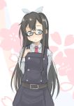  1girl alternate_costume black_hair blue_eyes blue_shirt commentary_request cowboy_shot dress fyuo glasses hairband hand_on_own_chest highres kantai_collection long_hair looking_at_viewer necktie ooyodo_(kantai_collection) pinafore_dress red_neckwear semi-rimless_eyewear shirt solo under-rim_eyewear 