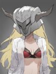  1girl blonde_hair bra breasts collared_shirt dress_shirt fate/apocrypha fate_(series) gradient gradient_background grey_background helmet highres long_hair long_sleeves mordred_(fate) mordred_(fate)_(all) navel open_clothes open_shirt red_bra shirt sketch small_breasts tonee underwear white_shirt 