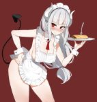  1girl absurdres apron bangs black_tail blush breasts commentary_request demon_girl demon_horns demon_tail eyebrows_visible_through_hair food fork frills helltaker highres holding holding_tray horns korean_commentary large_breasts leewh1515 long_hair looking_at_viewer lucifer_(helltaker) maid_apron maid_headdress mole mole_under_eye naked_apron pancake simple_background smile tail tray white_horns wrist_cuffs 