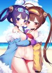  2girls :o ahoge azur_lane bare_shoulders beach bikini black_choker blue-framed_eyewear blue_jacket blush breasts brown_hair choker collarbone commentary_request day fur-trimmed_jacket fur_trim gloves groin hair_rings hairpods halter_top halterneck highres horizon jacket kokone_(coconeeeco) long_sleeves looking_at_viewer looking_to_the_side medium_breasts multiple_girls navel ning_hai_(azur_lane) ning_hai_(summer_hunger)_(azur_lane) ocean off_shoulder open_clothes open_jacket outdoors parted_lips ping_hai_(azur_lane) ping_hai_(merry_summer)_(azur_lane) purple_bikini purple_gloves purple_hair red_bikini red_eyes sand standing swimsuit twintails v-shaped_eyebrows violet_eyes water white-framed_eyewear yellow_jacket 