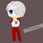  1boy :&lt; blue_eyes character_name chin_stroking english_text hair_over_one_eye highres kaorin_minogue male_focus silver_hair track_suit viktor_nikiforov yuri!!!_on_ice 