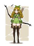  1girl :&lt; absurdres arrow_(projectile) blonde_hair blue_eyes boots bow_(weapon) breasts brown_footwear brown_gloves choker closed_mouth cross-laced_footwear dress elf fingerless_gloves full_body gloves green_choker green_dress green_ribbon hair_ribbon highres kkaebing lace-up_boots light_blue_eyes long_hair long_sleeves microdress no_nose original pointy_ears puffy_long_sleeves puffy_sleeves quiver ribbon shoulder_armor single_spaulder small_breasts solo spaulders standing thigh-highs thigh_boots weapon zettai_ryouiki 