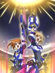  2girls alternate_costume blue_eyes breasts brown_hair cosplay crossover energy_ball eyebrows_visible_through_hair fingerless_gloves flat_chest gauntlets gloves hair_ribbon height_difference light_brown_hair looking_up lyrical_nanoha magical_girl medium_breasts medium_hair multiple_girls navel open_mouth q_kyokuchi ribbon scarf screaming senki_zesshou_symphogear senki_zesshou_symphogear_xd_unlimited short_hair strike_cannon tachibana_hibiki_(symphogear) takamachi_nanoha takamachi_nanoha_(cosplay) twintails yellow_eyes 