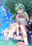  1girl bangs barefoot black_skirt blue_sky bottle bow bowtie building clouds cloudy_sky collared_shirt commentary dappled_sunlight day dutch_angle eyebrows_visible_through_hair frog_hair_ornament green_eyes green_hair hair_ornament hair_tubes hand_in_hair holding holding_bottle kochiya_sanae long_hair looking_at_viewer miniskirt open_mouth outdoors pleated_skirt polpol red_neckwear road_sign shirt sign sitting skirt sky smile snake_hair_ornament solo sunlight sweat touhou tree wading water_bottle wet white_shirt 