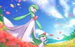  :d clouds commentary_request day flower from_below gardevoir gen_3_pokemon kakuzatou_(boxxxsugar) no_humans open_mouth outdoors outstretched_arms petals pink_eyes pokemon pokemon_(creature) ralts size_difference sky smile sparkle tongue 