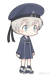  1girl ahenn black_dress black_headwear black_sailor_collar blue_eyes clothes_writing dress eyebrows_visible_through_hair full_body hair_between_eyes hat kantai_collection long_sleeves sailor_collar sailor_dress sailor_hat short_hair silver_hair simple_background smile solo twitter_username white_background z1_leberecht_maass_(kantai_collection) 