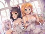  3girls :q ahoge animal_ear_fluff animal_ears bangs bare_shoulders black_hair blue_eyes blush braid breasts bridal_gauntlets brown_hair cat_ears closed_mouth collarbone commentary_request dress elbow_gloves eyebrows_visible_through_hair fang flower gaaratelier gloves green_eyes hair_between_eyes indoors karyl_(princess_connect!) kokkoro_(princess_connect!) locked_arms long_hair medium_breasts multiple_girls open_mouth pecorine princess_connect! princess_connect!_re:dive rose short_hair silver_hair small_breasts smile strapless strapless_dress tiara tongue tongue_out very_long_hair violet_eyes wedding_dress white_flower white_gloves white_rose window 