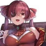  1girl armchair ascot bangs bare_shoulders bodysuit_under_clothes bottle breasts chair close-up commentary eyebrows_visible_through_hair eyepatch gloves hair_between_eyes hair_ribbon holding holding_bottle hololive houshou_marine jacket koruse large_breasts looking_at_viewer medium_hair off_shoulder open_mouth red_eyes red_jacket red_neckwear red_ribbon redhead ribbon simple_background sitting smile solo twintails upper_body upper_teeth virtual_youtuber white_background white_gloves wine_bottle 
