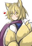  1girl animal_ear_fluff animal_ears blonde_hair blush eyebrows_visible_through_hair fox_ears fox_tail from_behind heart highres kitsune kyuubi looking_at_viewer looking_back multiple_tails no_hat no_headwear open_mouth simple_background slit_pupils solo sunaguma tail touhou wide_sleeves yakumo_ran yellow_eyes 