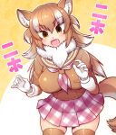  1girl animal_ears blush breasts brown_hair brown_legwear commentary commentary_request empty_eyes eyebrows_visible_through_hair fang gloves japanese_wolf_(kemono_friends) kemono_friends large_breasts medium_skirt multicolored_hair open_mouth plaid_neckwear skirt solo tail thigh-highs totokichi two-tone_hair white_gloves white_hair wolf_ears wolf_girl wolf_tail zettai_ryouiki 