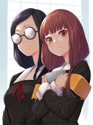  2girls bangs black_dress black_hair blunt_bangs blush book braid breasts brown_eyes brown_hair closed_mouth commentary_request dress eyebrows_visible_through_hair glasses hair_over_shoulder highres holding holding_book iino_miko kaguya-sama_wa_kokurasetai_~tensai-tachi_no_renai_zunousen~ long_hair long_sleeves looking_at_viewer low_twintails medium_breasts mikan_(chipstar182) multiple_girls osaragi_kobachi parted_lips red_ribbon ribbon school_uniform twintails upper_body 