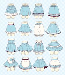  6+girls apron blue_background blue_bow blue_skirt bow checkered checkered_background commentary_request cropped_legs frilled_skirt frills highres lower_body multiple_girls original pleated_skirt sakura_oriko skirt waist_apron white_apron white_bow white_skirt 