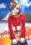  1girl :d absurdres black_hair blush clouds commentary_request day eyelashes gloves goggles goggles_on_headwear highres holding looking_at_viewer open_mouth original outdoors pon_yui scarf sky smile snow snowboard solo sunlight teeth tongue tree upper_teeth violet_eyes winter winter_clothes yellow_headwear 