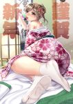  1girl arashio_(kantai_collection) architecture brown_hair east_asian_architecture hanetsuki highres indoors japanese_clothes kakisaki_kousei kantai_collection kimono licking looking_at_viewer new_year obi off_shoulder on_bed sash side_bun tabi tatami tongue tongue_out white_footwear yellow_eyes 