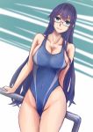  1girl alternate_breast_size black_hair blue_swimsuit breasts competition_swimsuit cowboy_shot dutch_angle glasses green_background green_eyes hairband kantai_collection large_breasts long_hair looking_at_viewer one-piece_swimsuit ooyodo_(kantai_collection) railing semi-rimless_eyewear solo swimsuit thigh_gap tonke two-tone_background under-rim_eyewear white_background 