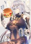  1girl atelier_(series) atelier_ryza bangs beer_mug blue_eyes bodysuit breasts cup eating food food_on_face grey_background hamburger heterochromia holding holding_food ketchup large_breasts lila_decyrus long_hair looking_at_viewer mug red_eyes signature simple_background skin_tight solo tooka translation_request white_hair 