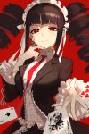  1girl ace_of_spades bangs black_hair black_jacket black_skirt blunt_bangs card celestia_ludenberck center_frills closed_mouth collared_shirt commentary_request dangan_ronpa dangan_ronpa_1 drill_hair frilled_shirt frilled_sleeves frills hand_on_own_face highres jacket joker long_sleeves maid_headdress monokuma necktie open_clothes open_jacket playing_card red_eyes red_neckwear seon_(seonon_) shirt sidelocks skirt smile solo spade_(shape) twin_drills twintails upper_body white_shirt 