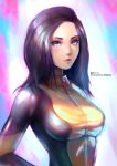  1girl artist_name black_hair blue_eyes bodysuit breasts ctiahao highres looking_at_viewer medium_breasts medium_hair original solo thick_lips zipper 