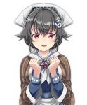  1girl black_hair clenched_hands hair_between_eyes hair_ornament highres jingei_(kantai_collection) kantai_collection long_sleeves neckerchief open_mouth red_eyes red_ribbon ribbon short_hair simple_background smile solo tk8d32 upper_body white_background white_neckwear 