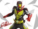  1boy absurdres character_name chinese_commentary fighting_stance highres kamen_rider kamen_rider_01_(series) kamen_rider_zero-two looking_down looking_to_the_side open_hands power_armor red_eyes solo tokusatsu unique_(pixiv12704744) 