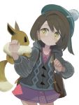  :o bag bob_cut brown_hair cardigan cowboy_shot dress eevee gen_1_pokemon green_headwear grey_cardigan hat highres holding_strap hooded_cardigan long_sleeves looking_at_hand paprika_shikiso pink_dress pokemon pokemon_(game) pokemon_on_arm pokemon_swsh short_hair tam_o&#039;_shanter white_background yellow_eyes yuuri_(pokemon) 